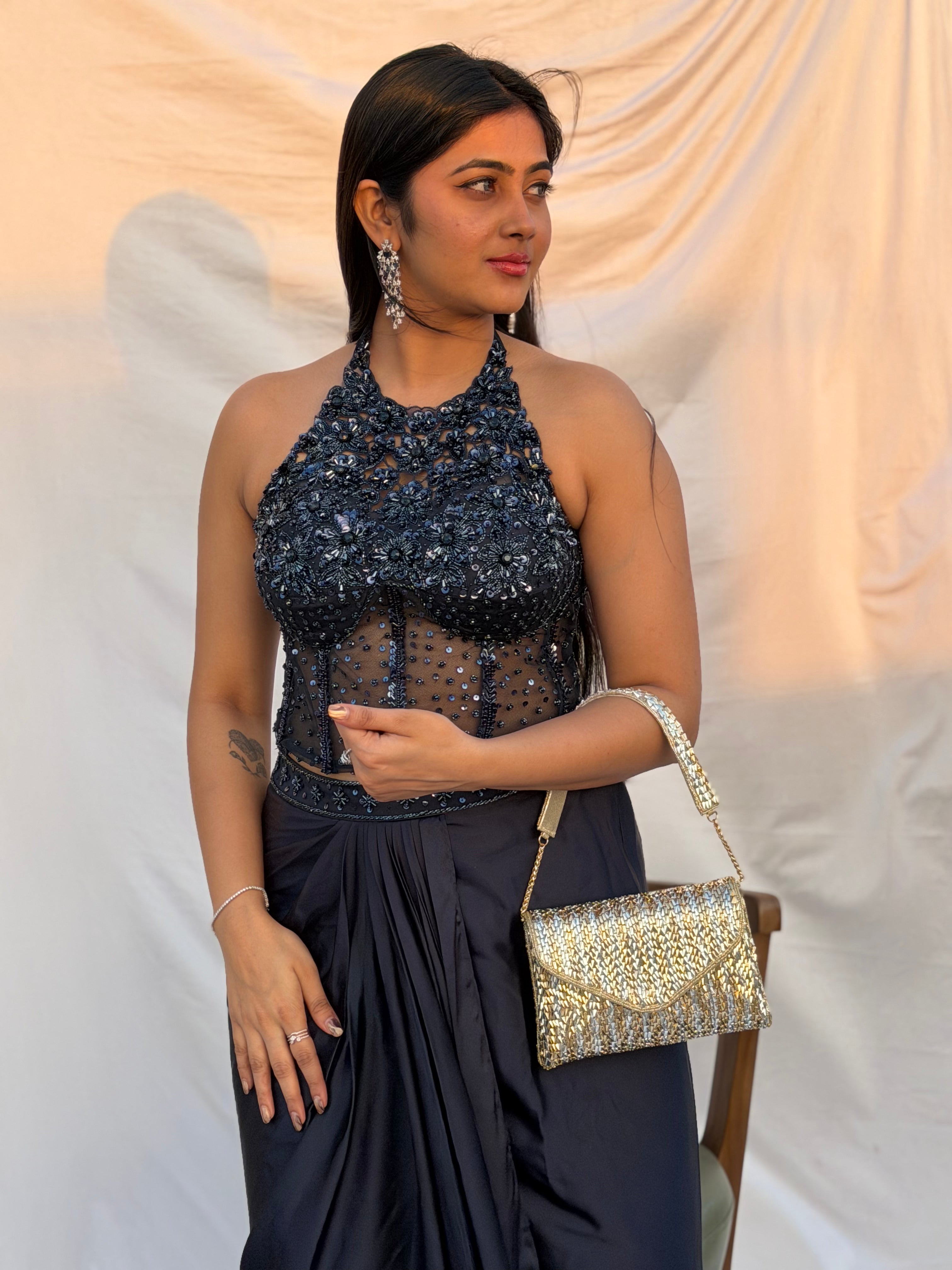 Silver-Gold Embellished Bead Clutch