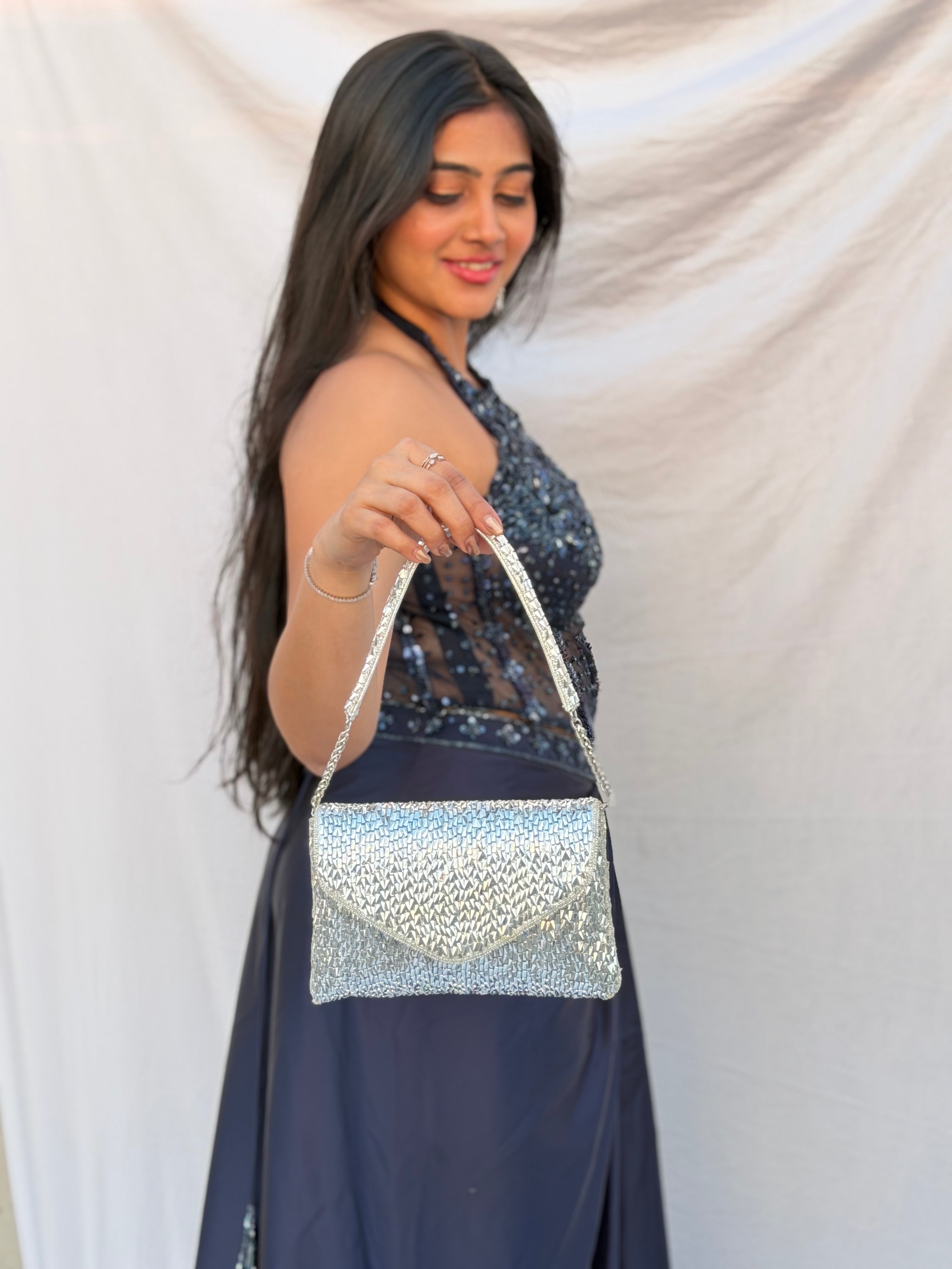 Silver Embellished Bead Clutch