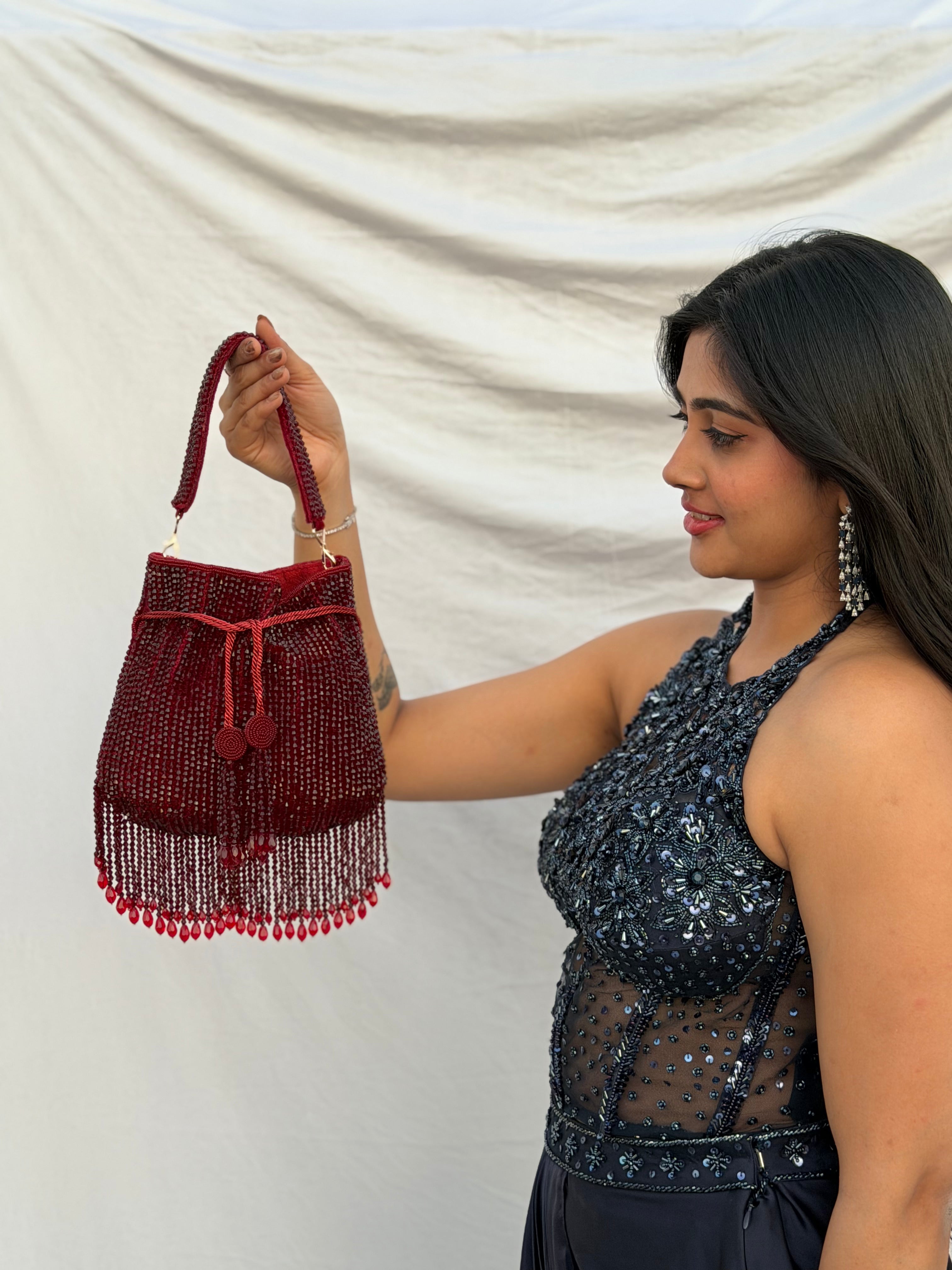 Loaded Crystal Potli in Maroon