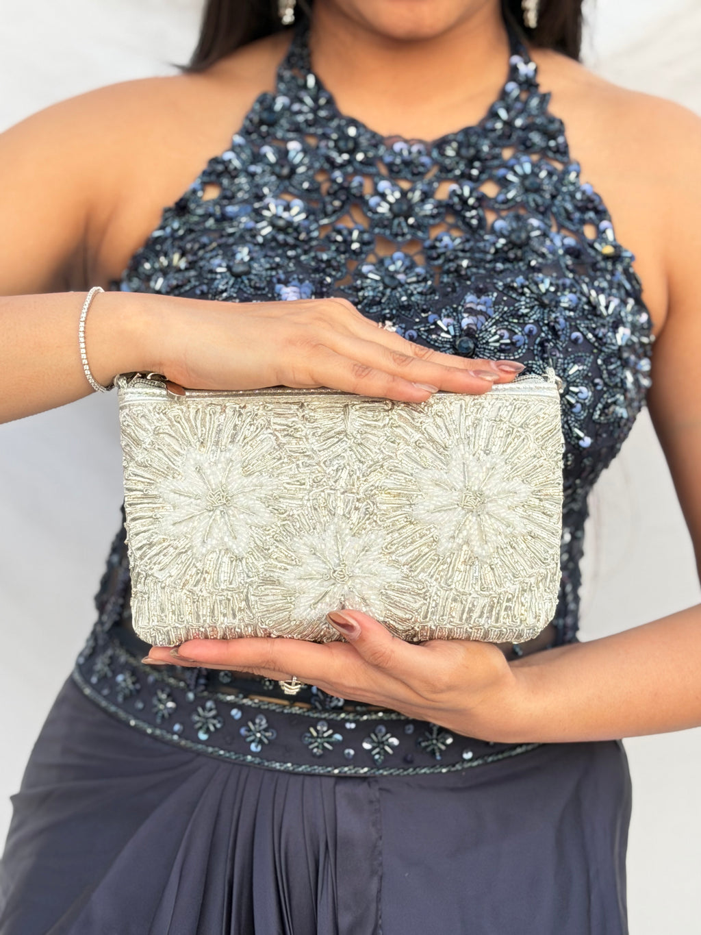 Silver Floral Clutch