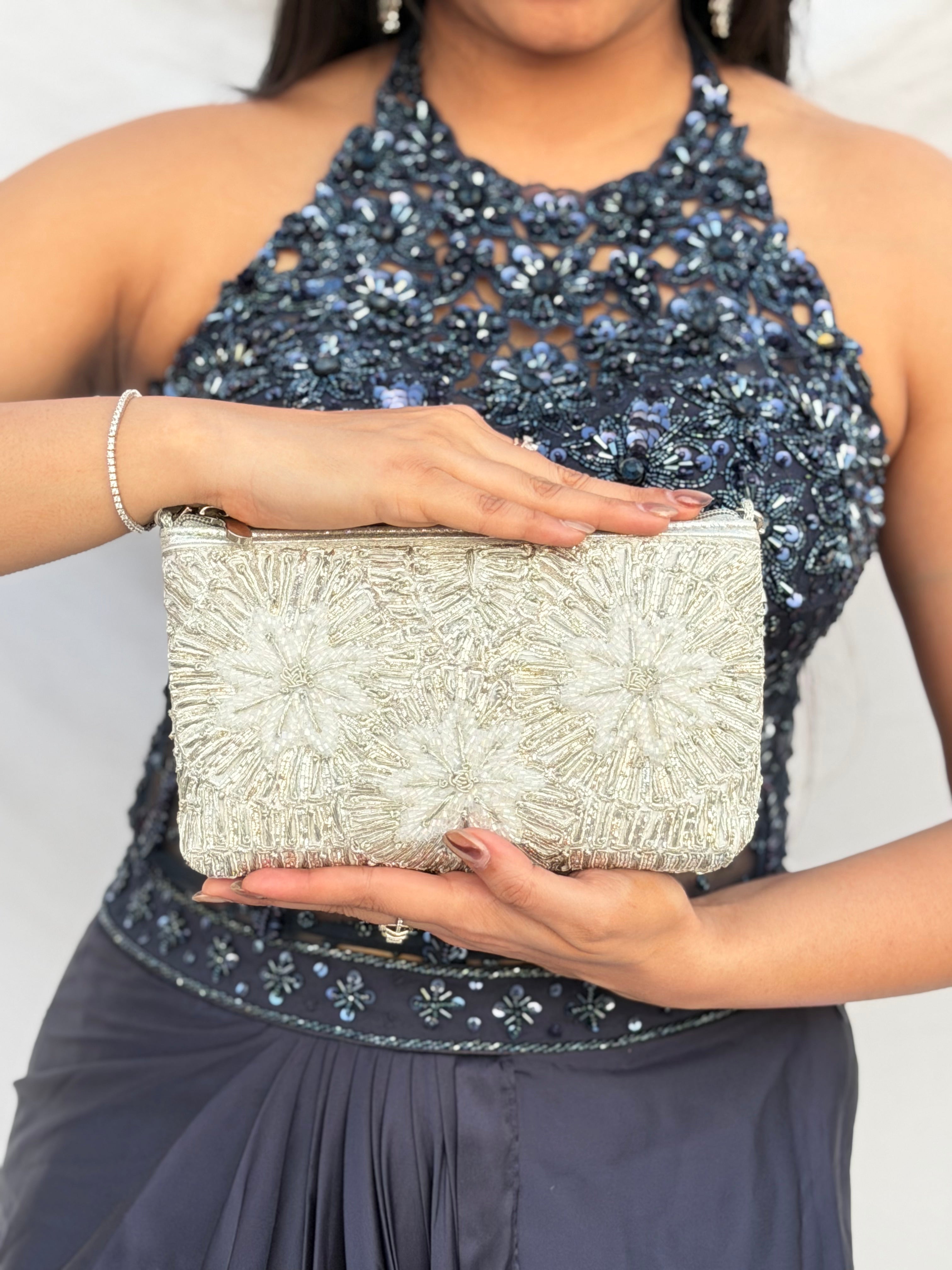 Silver Floral Clutch