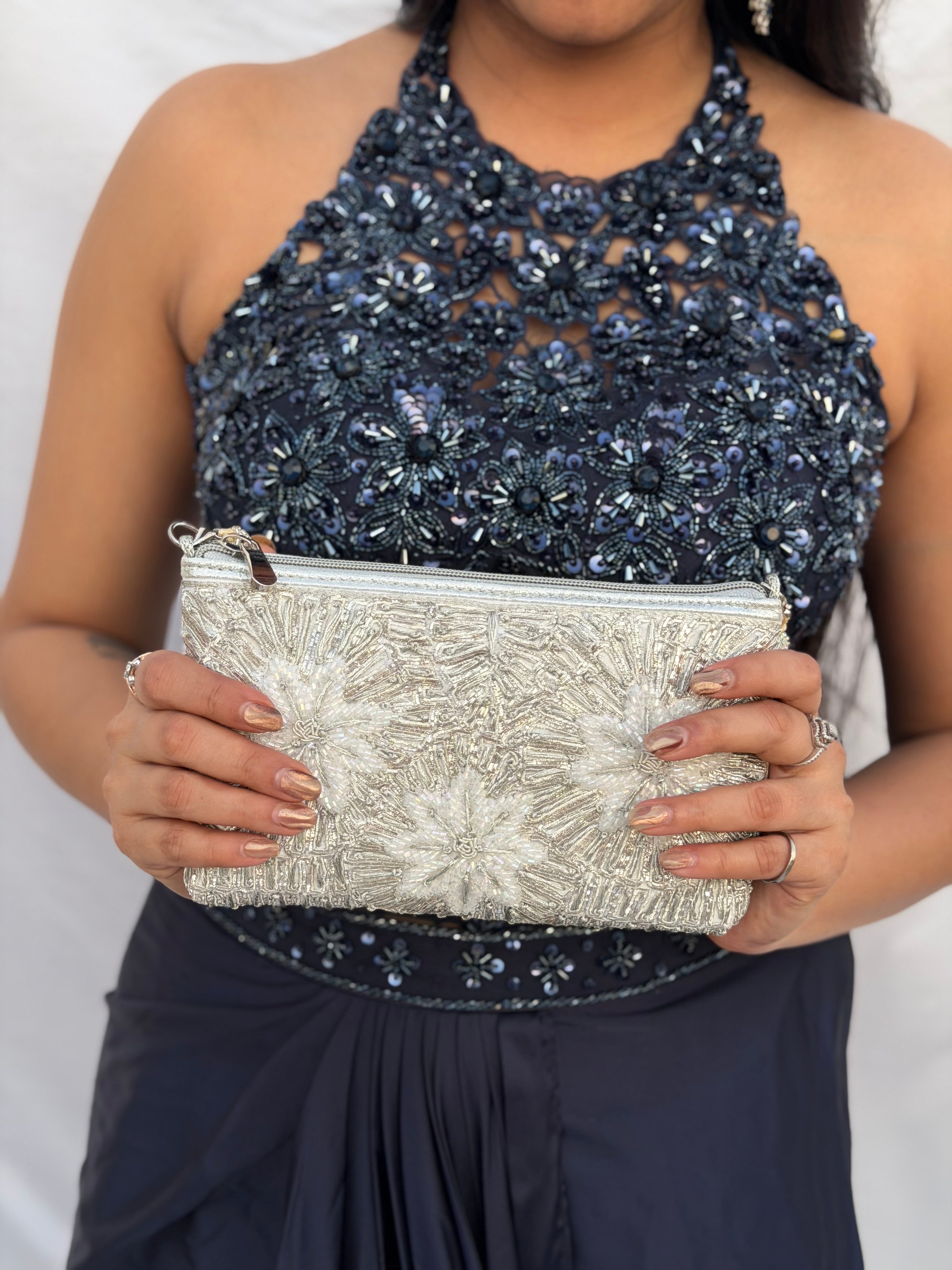 Silver Floral Clutch