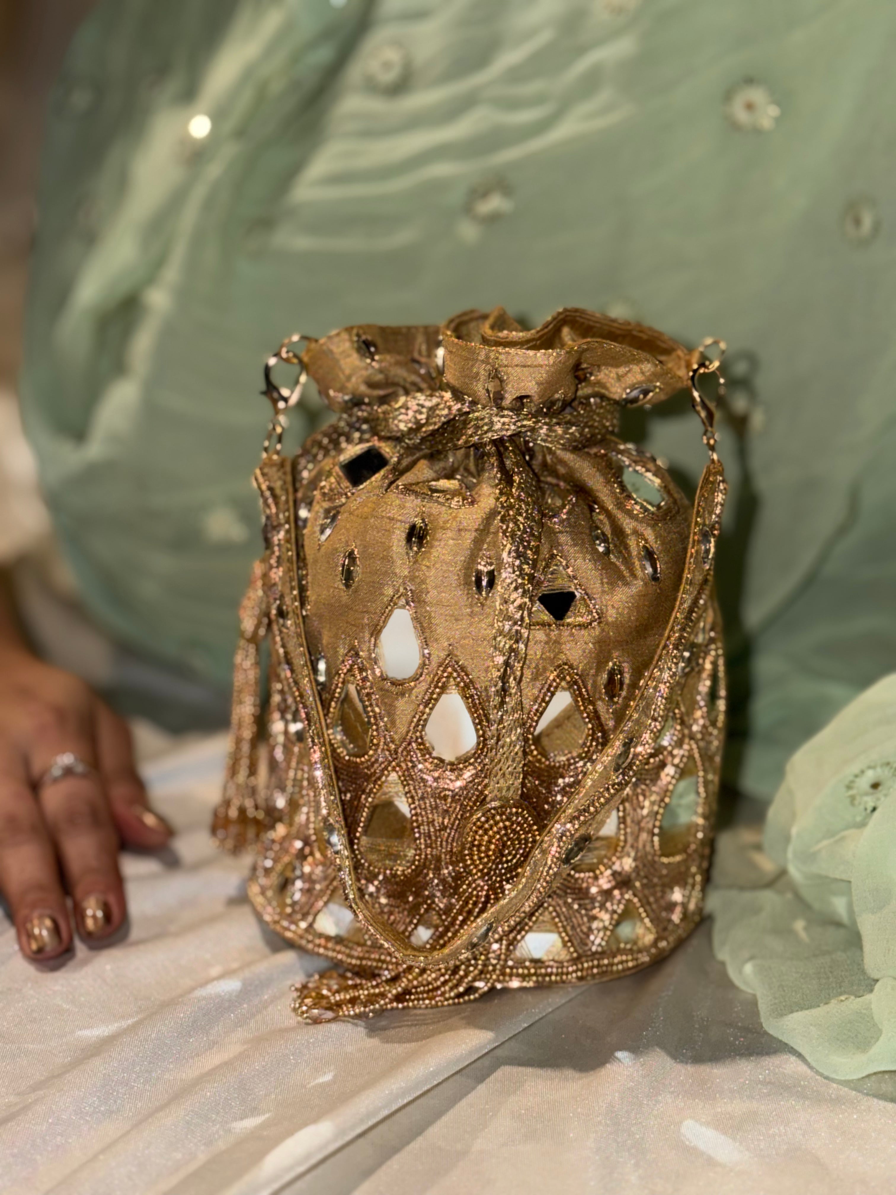 Dull Gold Raindrop Raw Silk Potli