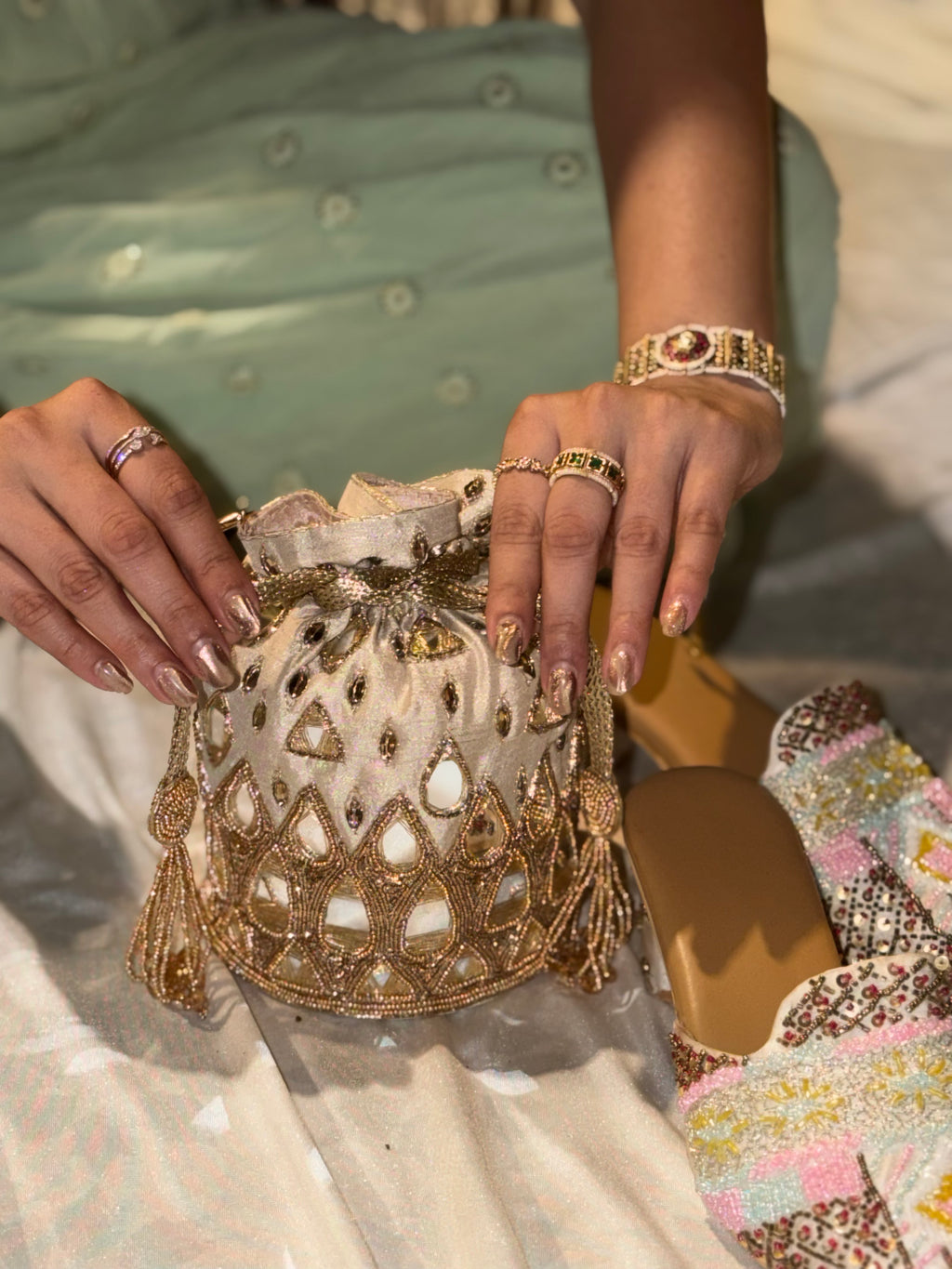 Beige Raindrop Raw Silk Potli