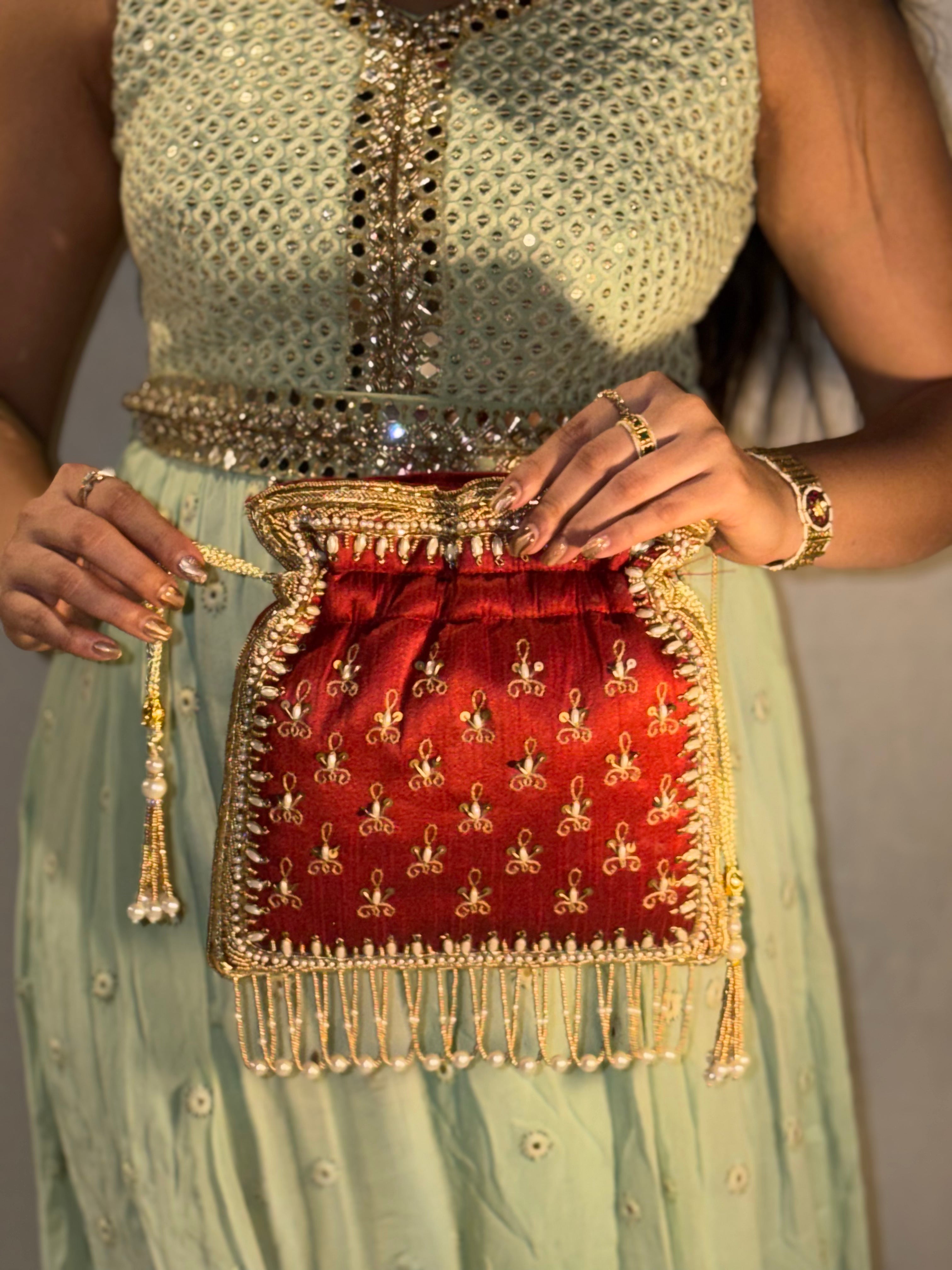 Red Raw Silk Potli