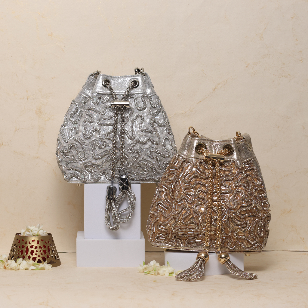 Glittery metallic bucket bag